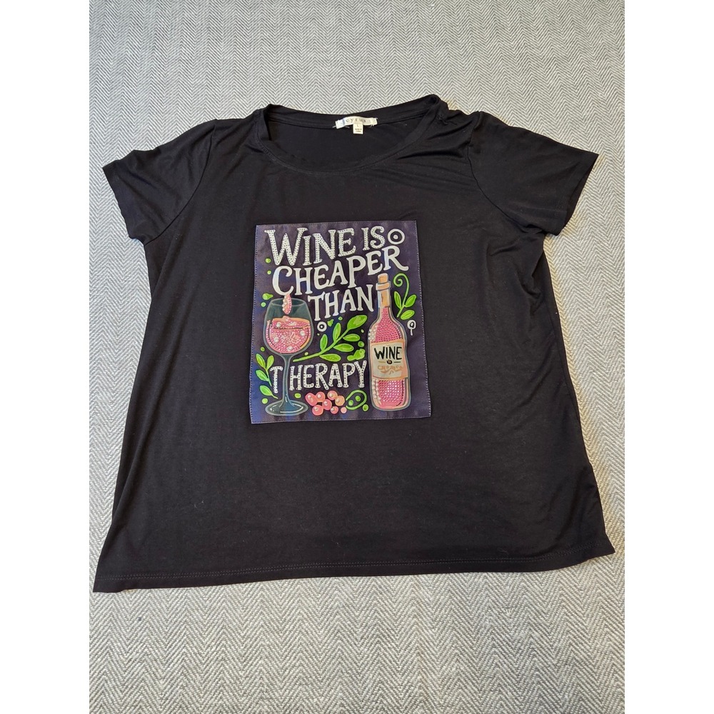 Cyrus T-Shirt Mens Large Black Wine is Cheaper Than Therapy Graphic Short Sleeve